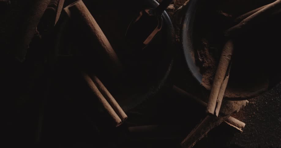 Cinnamon sticks rest in bowls of cocoa powder