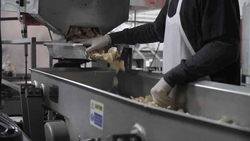 A person sorts chips on a conveyor belt