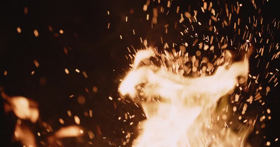 Close up of flames from a fire burning at night