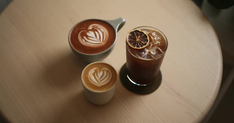 Close up of three kinds of brewed coffee served over a small round table