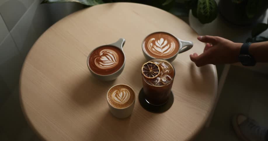 A person is setting cups of coffee on a table