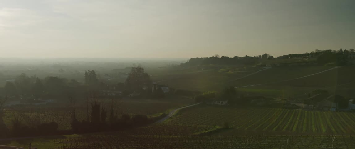 Rural farms and fields on a foggy morning