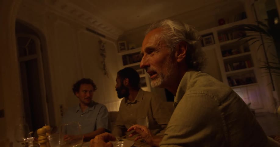 A group of men talk with one another while dining together in house