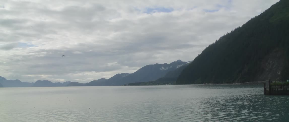 A lake surrounded by forested mountains on a cloudy day