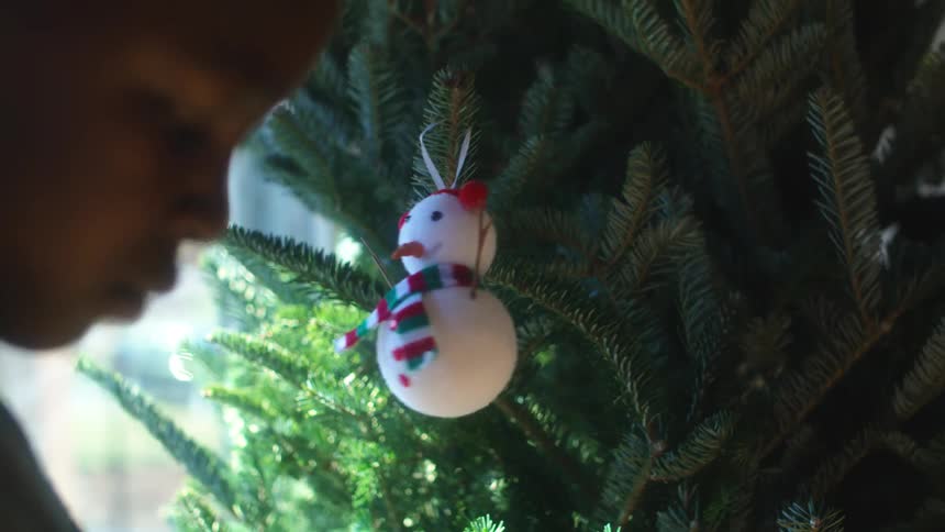 A boy hangs an ornament on the christmas tree