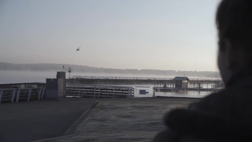 A woman stands near a pier and beach in the morning