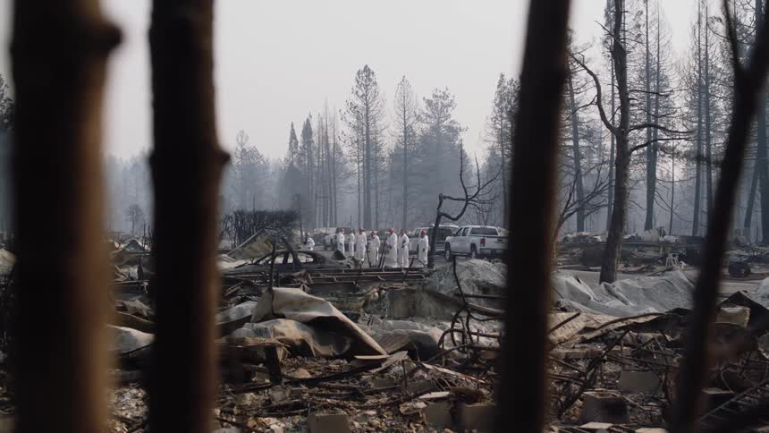 Workers at a burned down house in the woods