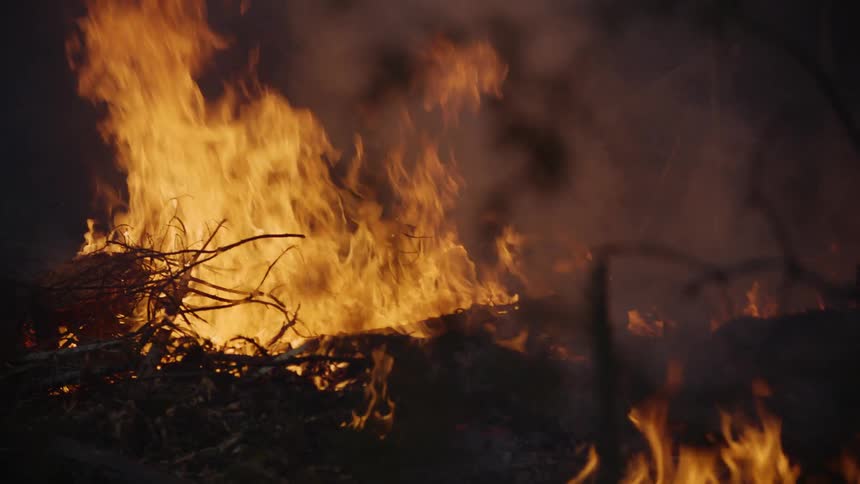 Exterior view of house being burnt out in the country side