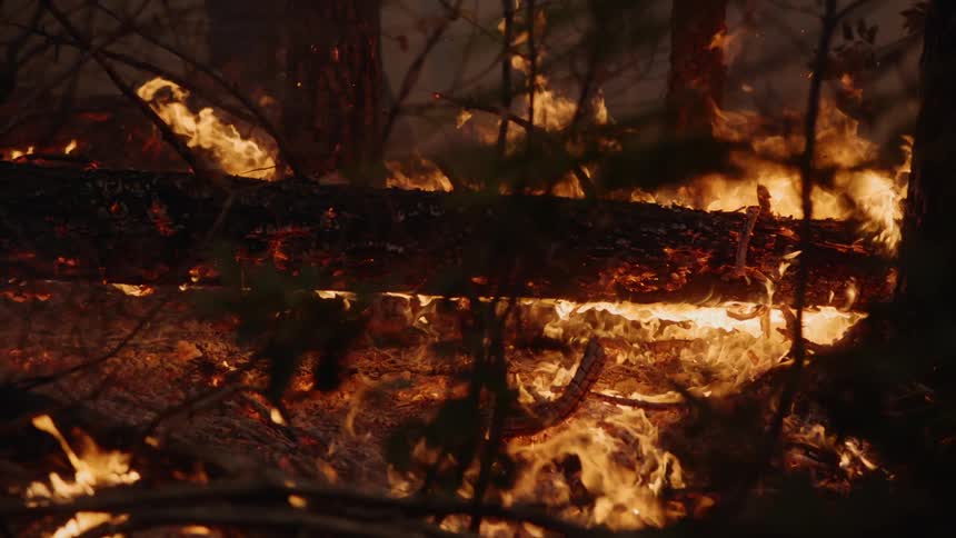 The forest fire is raging at night