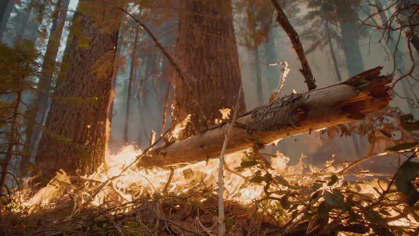 A forest fire spreading among the ground and trees