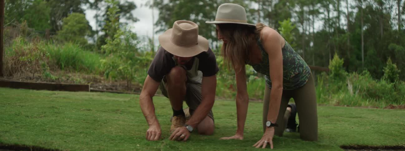 Man and woman lay down sod in backyard