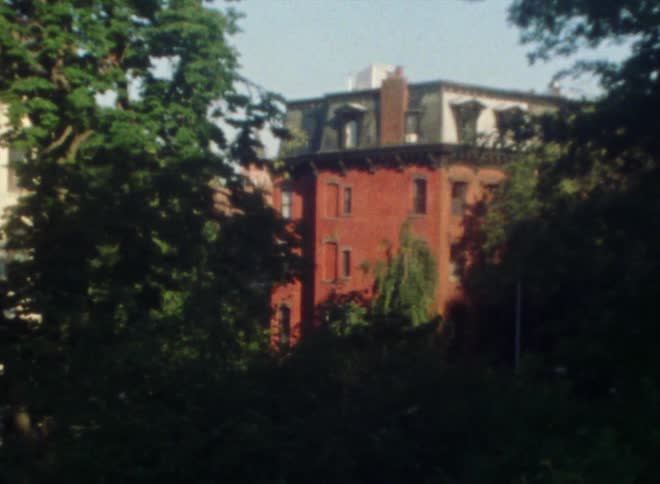 Trees surround apartment buildings under a clear blue sky