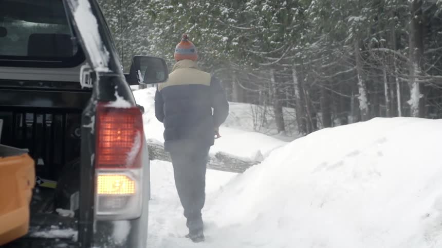 A man carries a chainsaw over to a fallen tree on a cold winter day