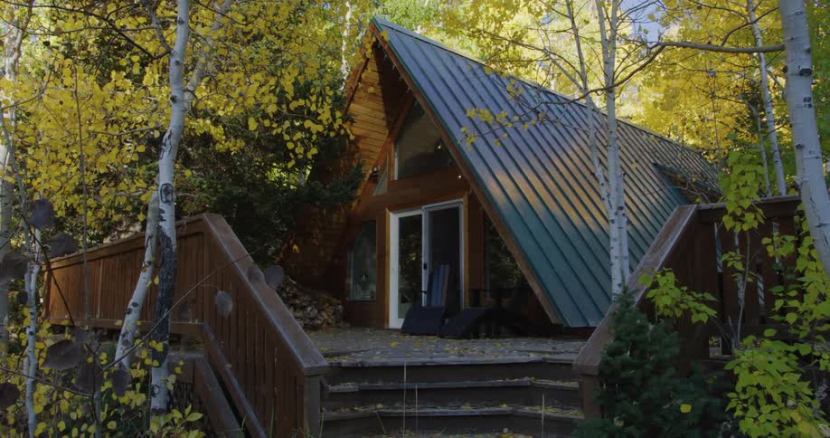 Steps lead up to a cabin in the woods