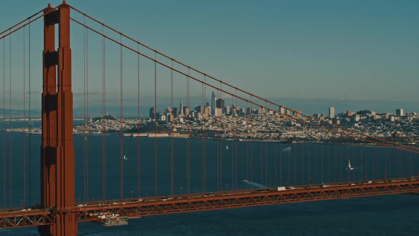 An aerial shot of downtown San Francisco through the Golden Gate Bridge