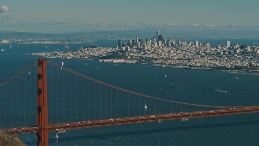 Heavy traffic passes down the golden gate bridge