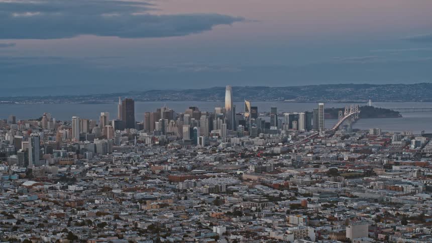 A helicopter shot of the San Francisco skyline