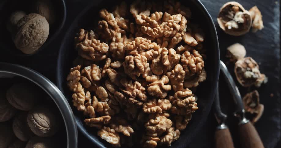 Bowls of walnuts are displayed on a table