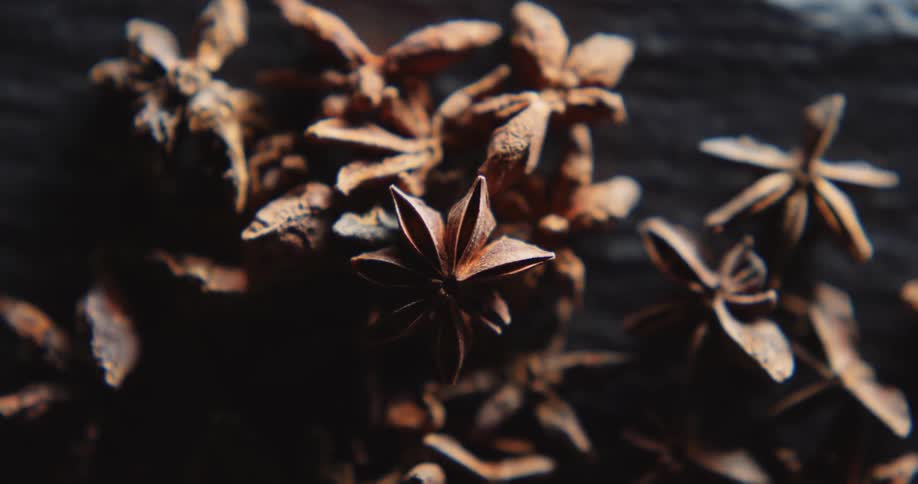 Close up of brown star anises on the ground