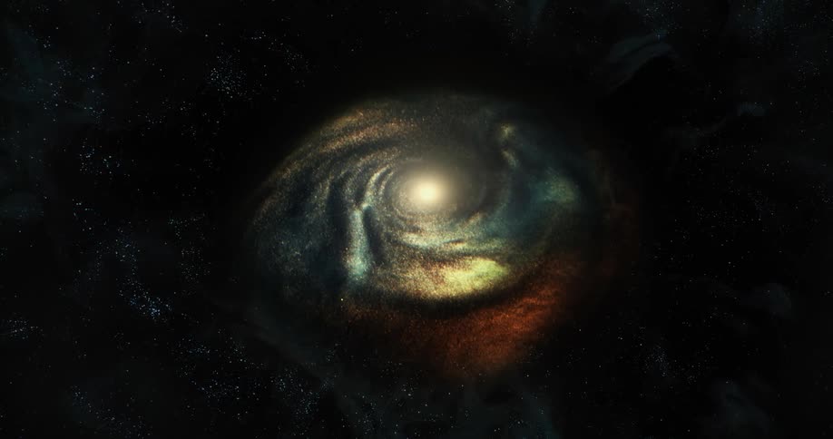 Rotating nebula with brightly lit center slowly rotates