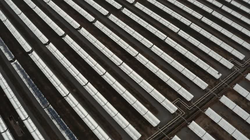 Aerial view of rows of solar panels