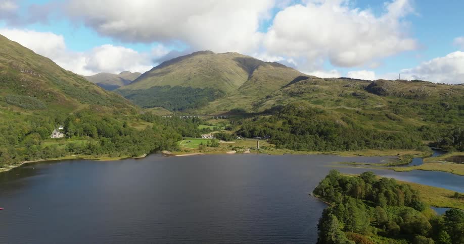 Aerial view of Glenfinnan, Scotland with the sun shining