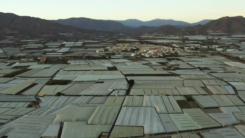 Aerial view of greenhouses surrounding a small town at morning