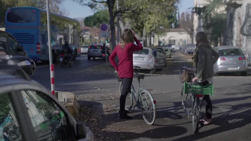 Two women with bicycles stand at a crosswalk and wait for their turn
