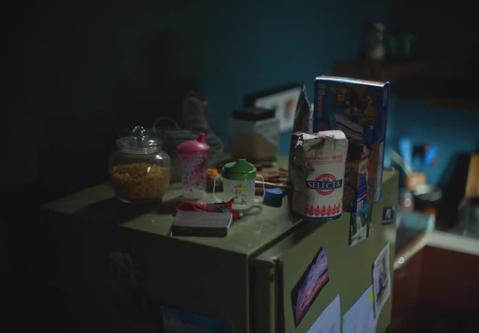 Food containers fall from the top of a ratting fridge in a home