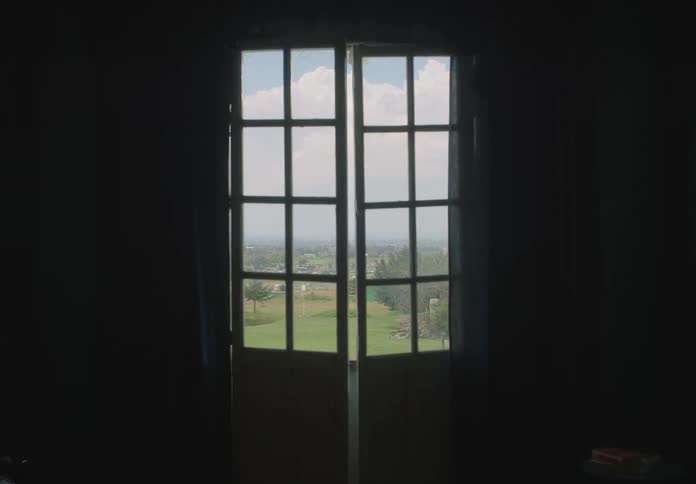 Windows in doors sitting ajar show lawn and town under a cloudy sky