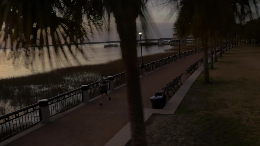 A man jogs along a boardwalk lined with lamp-posts and palm trees at dusk