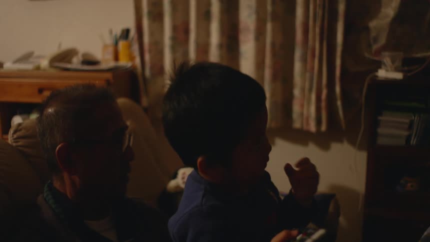 Father and son sitting on the couch at home watching television