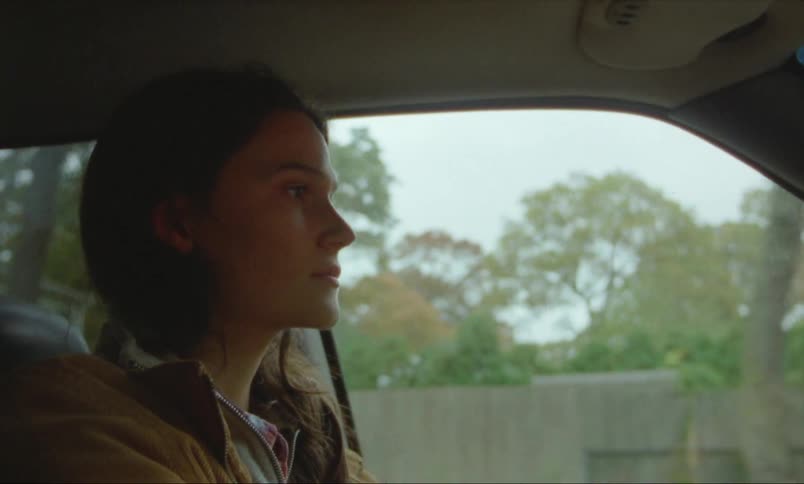 Interior view of female driving through a neighborhood