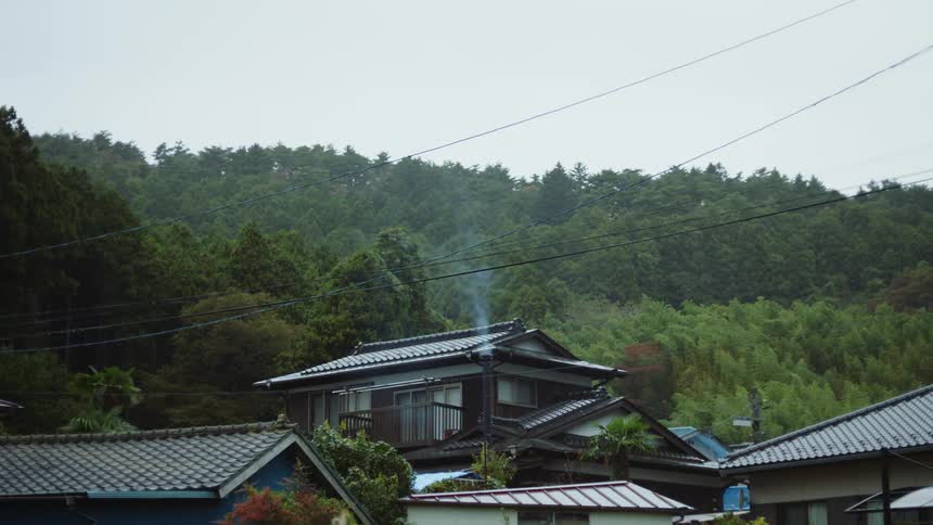Smoke rises from chimney of one of the houses nestled against the woods