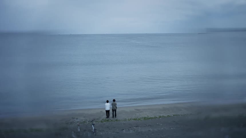 Two people are standing at the ocean coast together