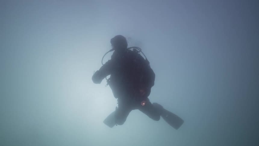 A person is scuba diving under the ocean water