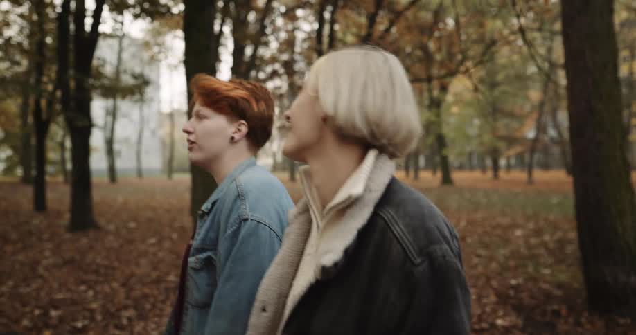 Young couple walk in the park holding hands at fall