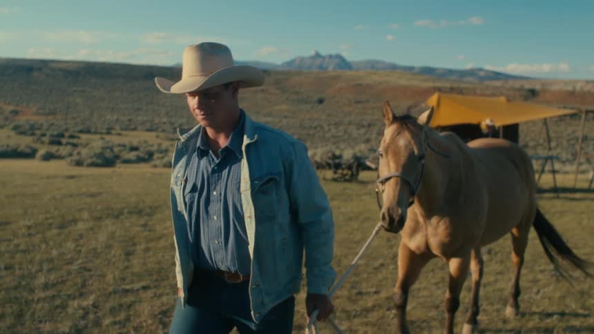 A man leads his horse on the field
