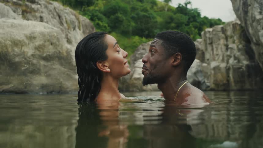 A young couple is swimming in a river around the forest area
