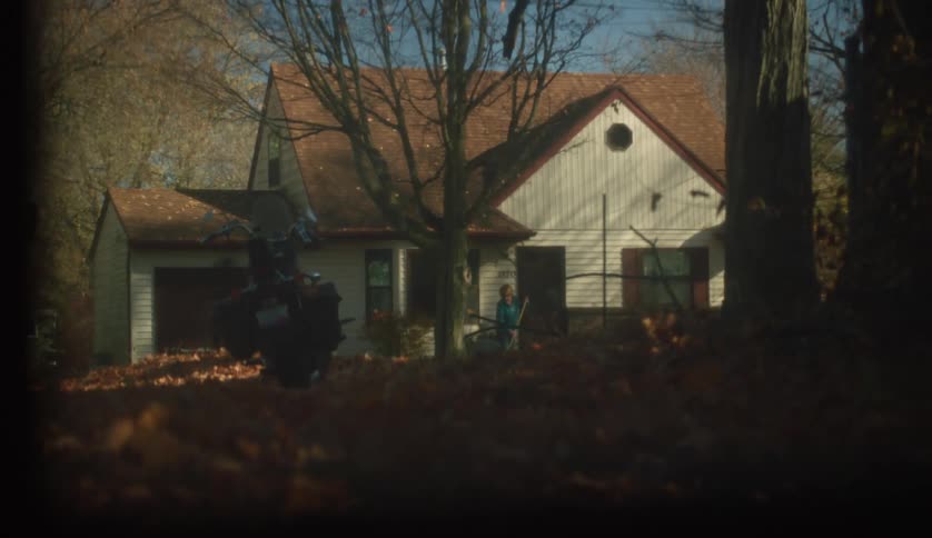 A person raking autumn leaves in front of a house in a residential area