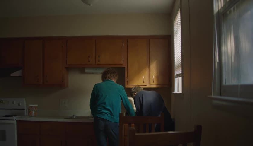 Two people are standing in their kitchen together