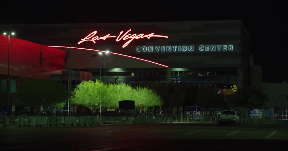 Exterior view of las vegas convention center and car park at night