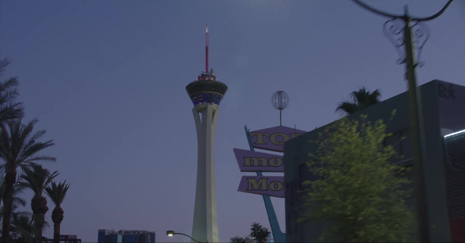Palm trees line the sidewalks with buildings and signs and a tower on a las vegas road