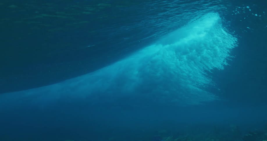 Water ripples and sparkles as sunlight shines on a wave moving over the seabed