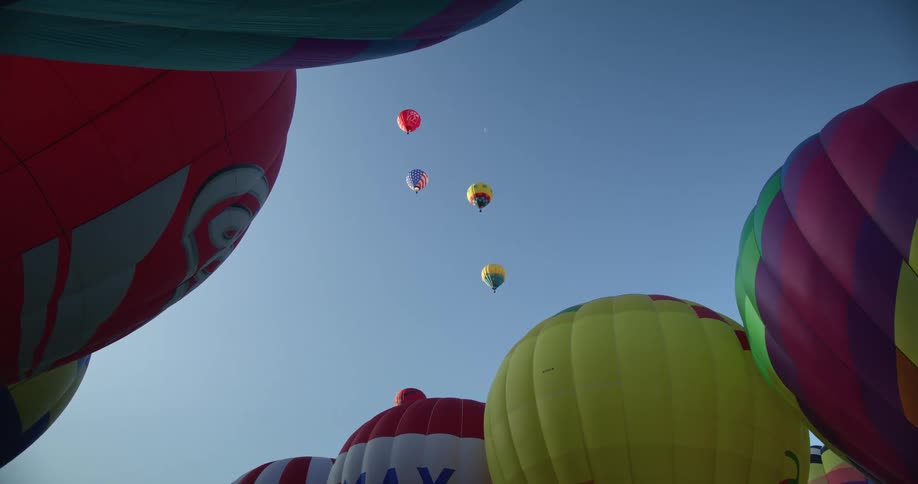 Hot air balloons fly in the blue sky