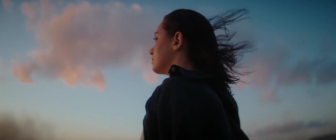 A woman standing outdoors looks into the distance as wind whips through her hair