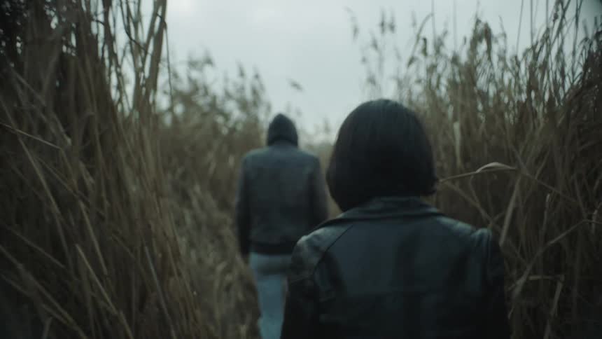 Two people walking through tall wheat grass in a field