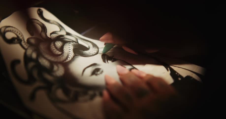 Close up of a tattoo artist sketching on a piece of paper with a pen
