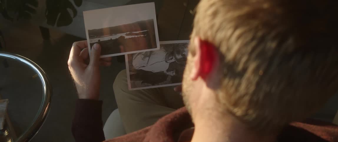 Man sitting in chair looks through black and white photo prints