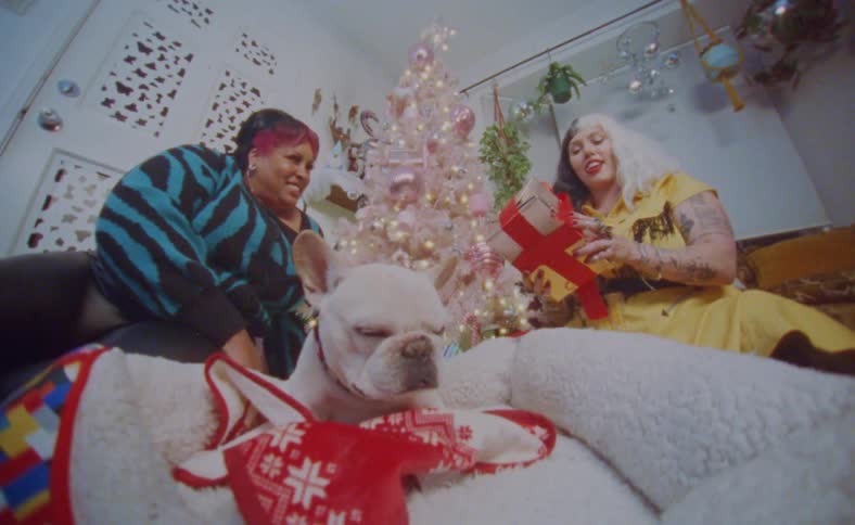 Two women are sitting in a living room near a christmas tree with a dog and one woman hands a present to the other woman and they kiss